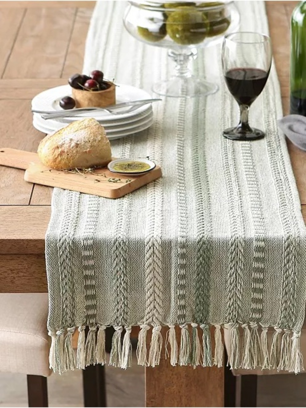Handwoven Sage Green Cotton Table Runner with Fringe